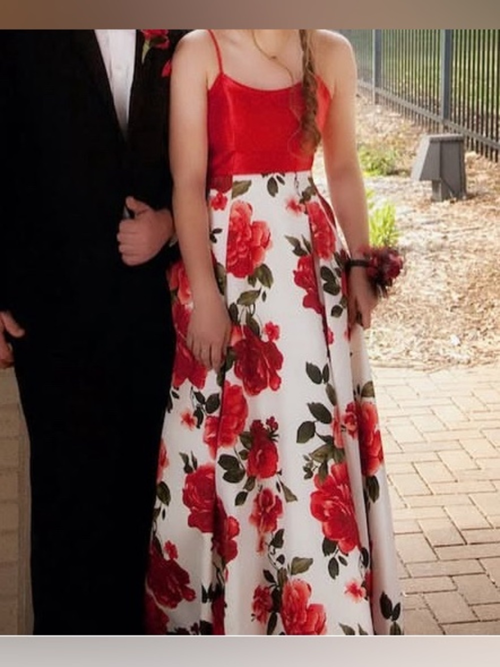 Red Satin Bodice Floral Full Skirt Prom Dress